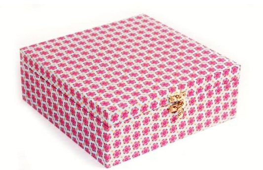 ABHINANDANS INC | An elegant square reusable MDF Box(8x8x3) | Finished in Paper with Sparkling geometric pattern in Gold foil printing | Herbal Soaps,Designer Chocolates,Gift Items,Hair Bands,Nuts