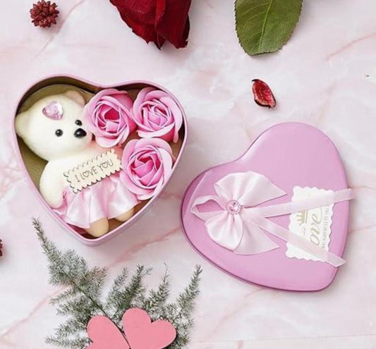 Pink Heart Shaped Gift Box with 3 Pink Roses, Teddy Bear