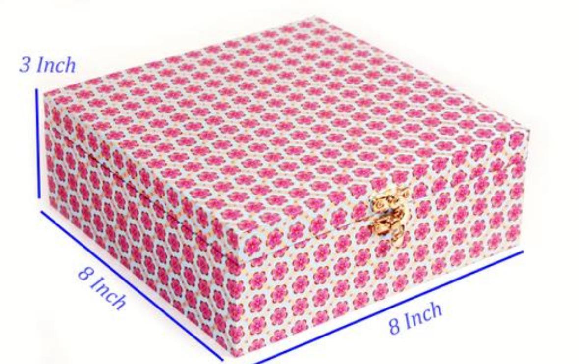 ABHINANDANS INC | An elegant square reusable MDF Box(8x8x3) | Finished in Paper with Sparkling geometric pattern in Gold foil printing | Herbal Soaps,Designer Chocolates,Gift Items,Hair Bands,Nuts