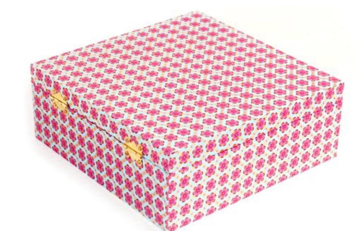 ABHINANDANS INC | An elegant square reusable MDF Box(8x8x3) | Finished in Paper with Sparkling geometric pattern in Gold foil printing | Herbal Soaps,Designer Chocolates,Gift Items,Hair Bands,Nuts