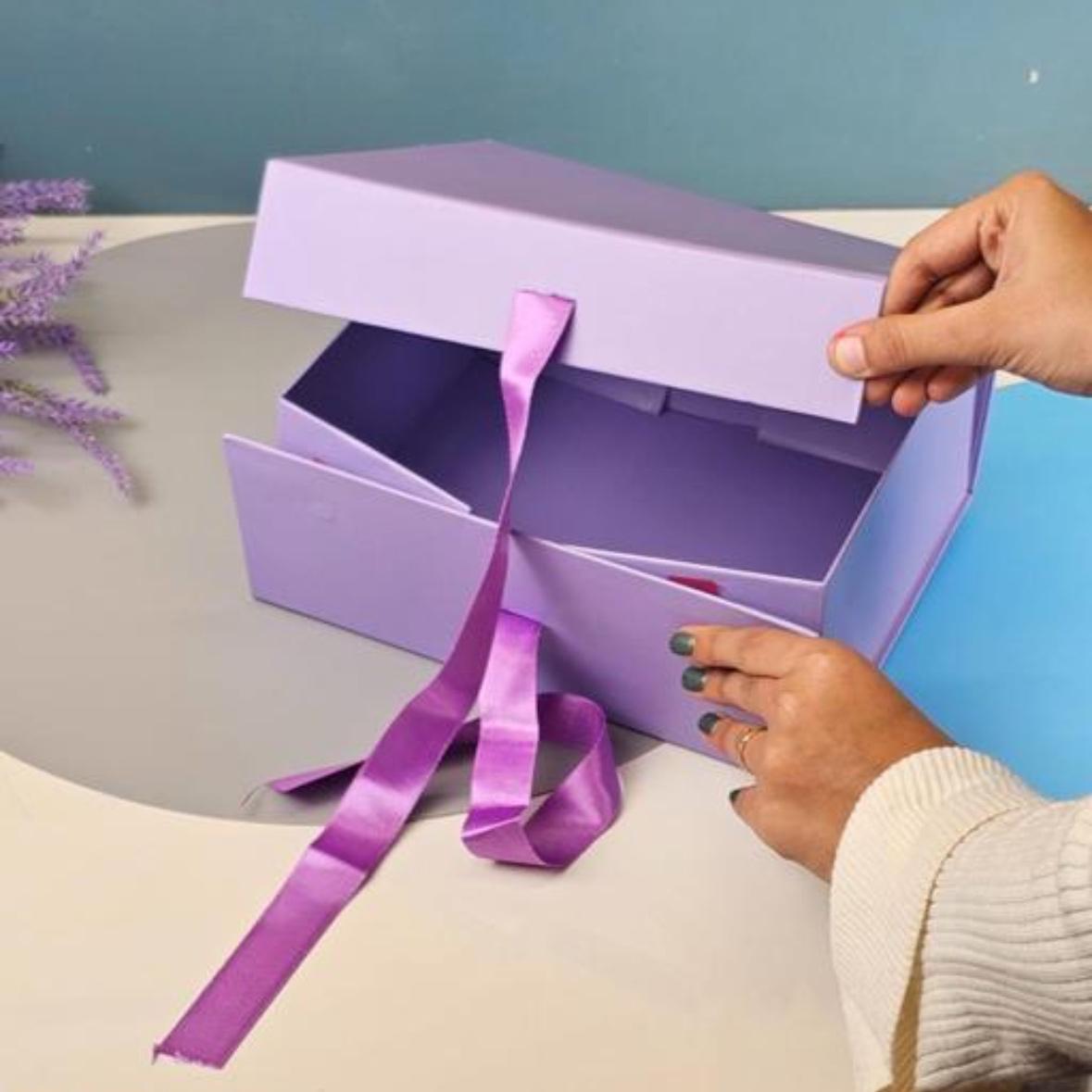 9 Shades 1 Pcs (26 x 21 x 11 cm) Multipurpose Decorative Folding Paper Cardboard Box with satin ribbon,DIY Box for Gift Hamper,Valentine Gifting,Ready made Engagment, Anniversary, Valentine Surprice ,Wedding gifing box(Purple)