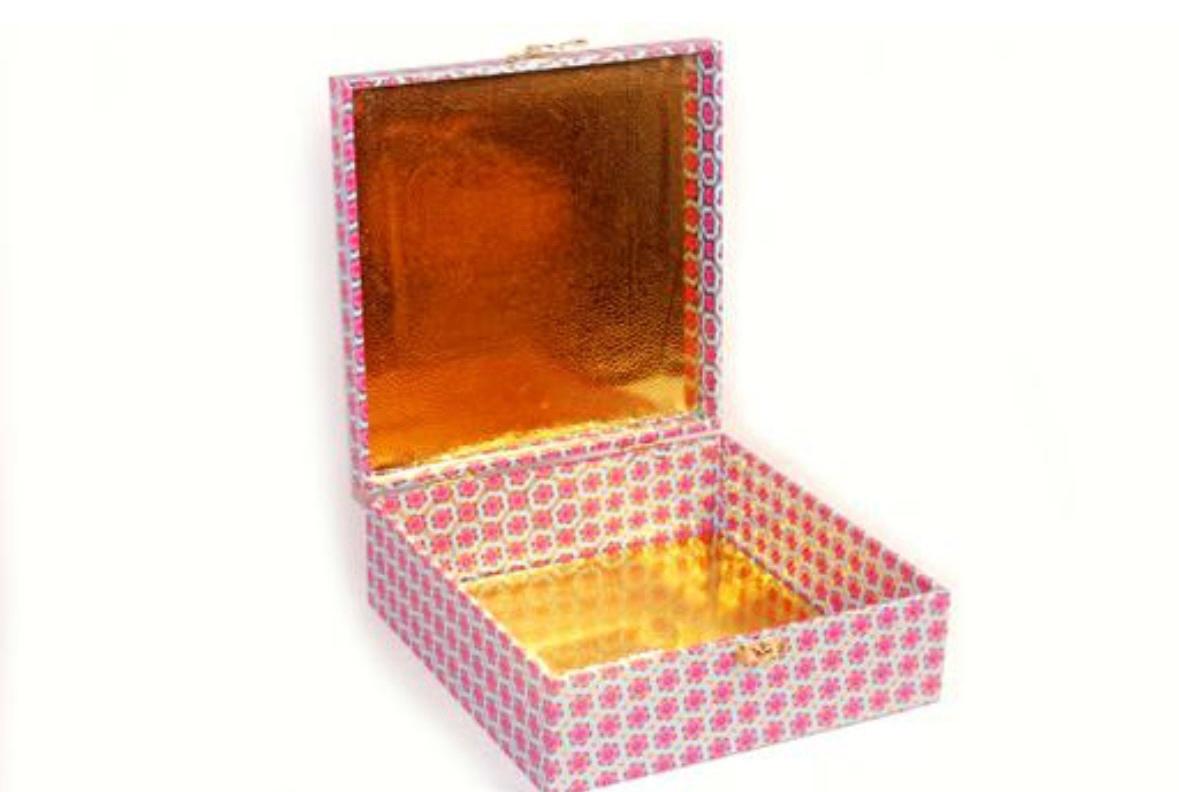 ABHINANDANS INC | An elegant square reusable MDF Box(8x8x3) | Finished in Paper with Sparkling geometric pattern in Gold foil printing | Herbal Soaps,Designer Chocolates,Gift Items,Hair Bands,Nuts